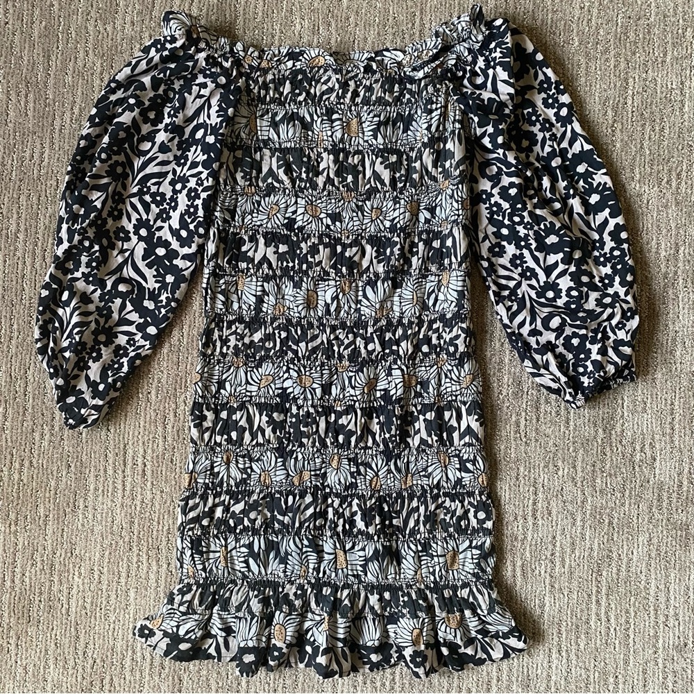 Anthropologie Forever That Girl black floral print dress with wide shirring